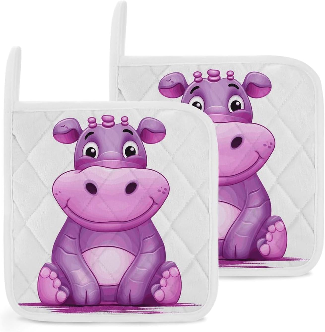 Pot Holder Set of 2 Cartoon Purple Hippo Printed Potholders for Kitchens Heat Resistant & Non Slip Potholders for Kitchen Cooking Baking BBQ