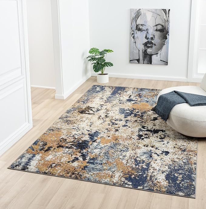 Tapis salon bleu moderne 110x190 cm à poils ras lavable et antidérapant
