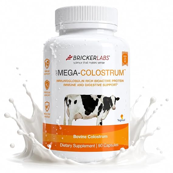 Bricker Labs Mega-Colostrum Capsules, Gut Health, Immunity, Skin & Hair, 1000 mg Bovine Colostrum Supplement 40% IgG, Rich in bioactive proteins, Growth Factors and antibodies, 45 Servings