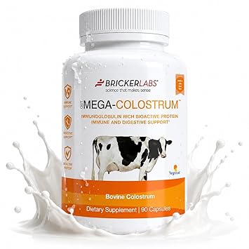 Bricker Labs Mega-Colostrum Capsules, Gut Health, Immunity, Skin & Hair, 1000 mg Bovine Colostrum Supplement 40% IgG, Rich in bioactive proteins, Growth Factors and antibodies, 45 Servings