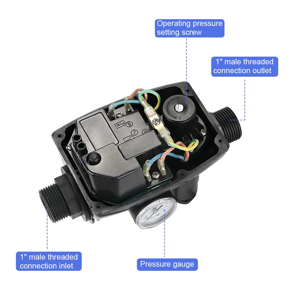Control de bomba, interruptor de presión con manómetro y cable, regulador de presión electrónico máx. 10 bar, regulador de flujo para plantas de agua domésticas, bomba centrífuga, bomba sumergible,
