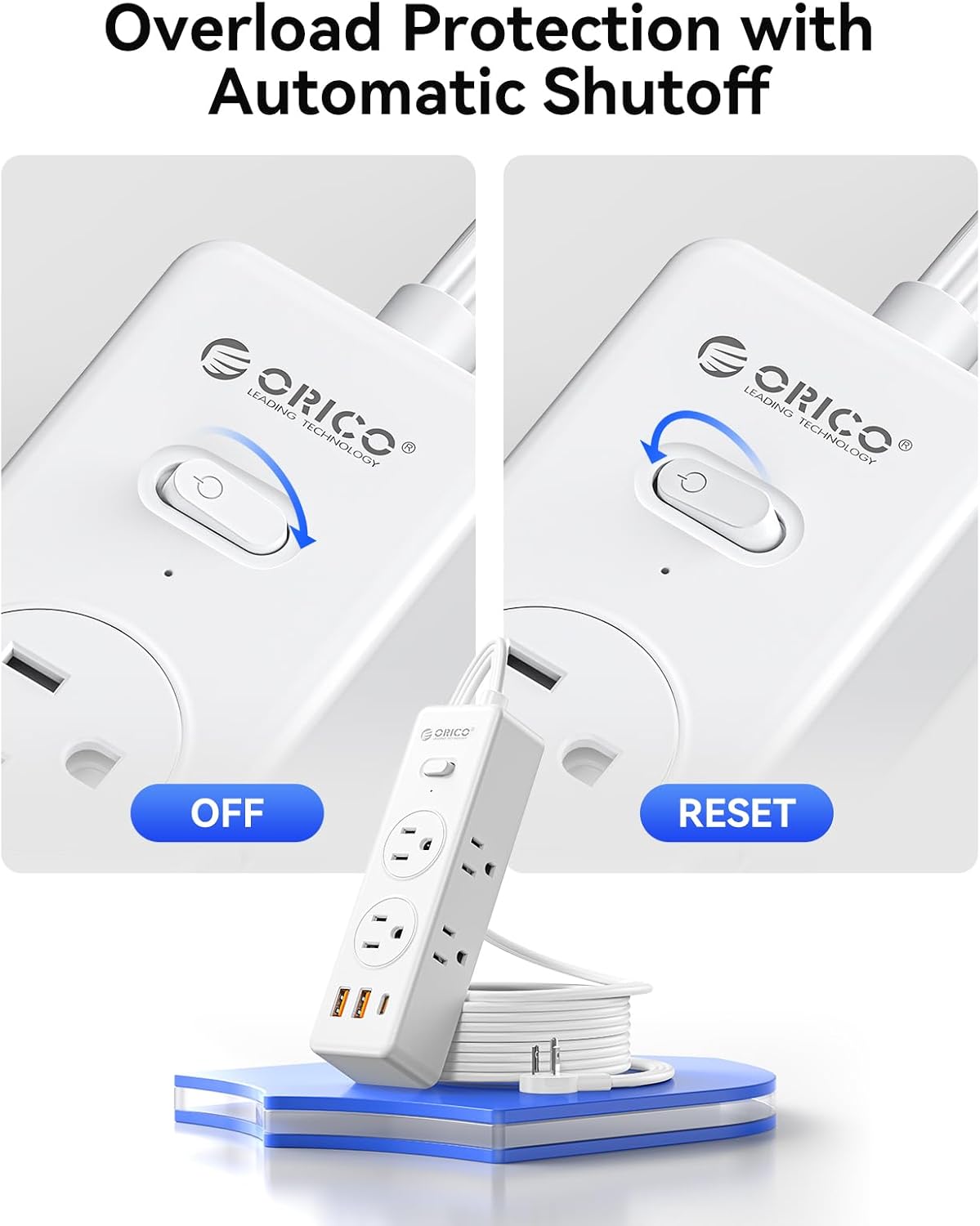 Image showing the ON/OFF switch in both OFF and RESET positions, illustrating the overload protection feature.
