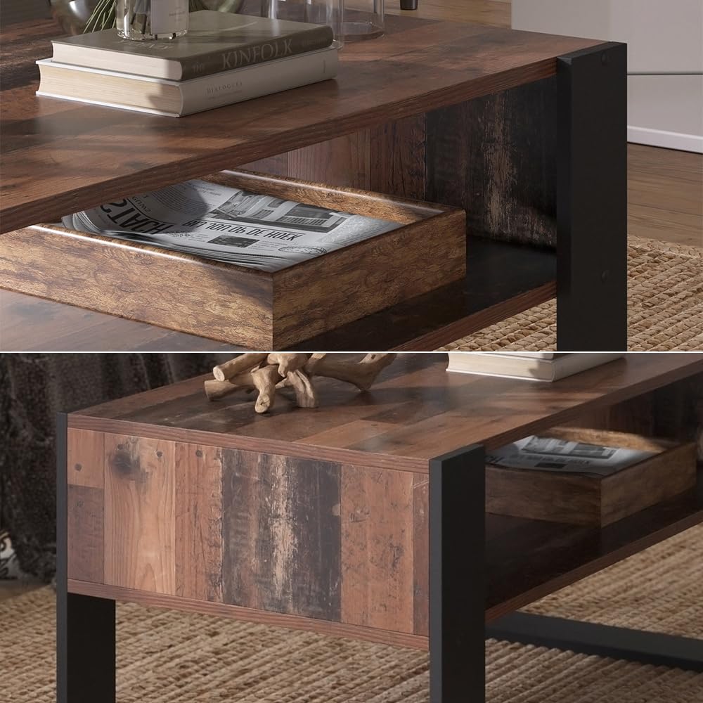 Vicco Mesa de Centro Olli, Madera Antigua, 92 x 52.4 cm | con estante, para guardar revistas y controles remotos