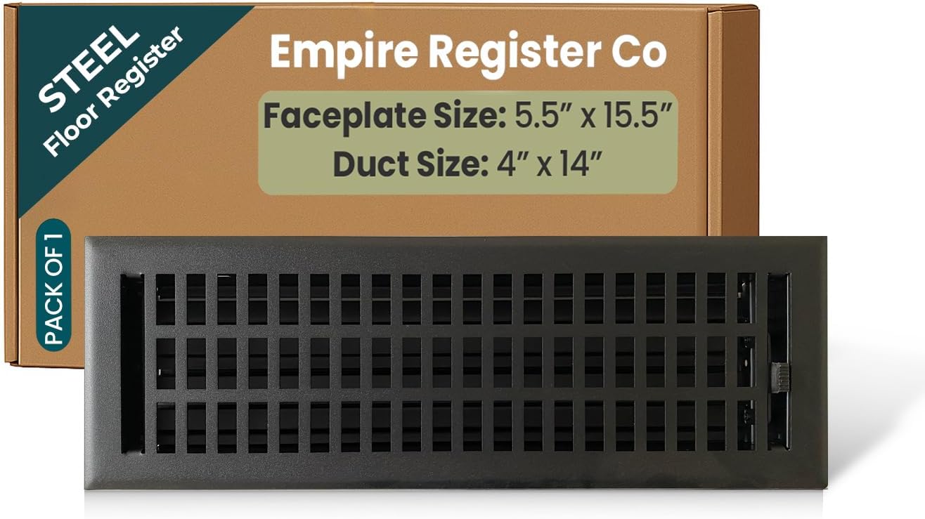 Empire Register Co, Vent Cover - 4x14 inch, Modern Contemporary Design, Textured Black Finish, Heavy Duty Floor Vent Covers, Metal Damper Attached Vent Covers for Home Floor only