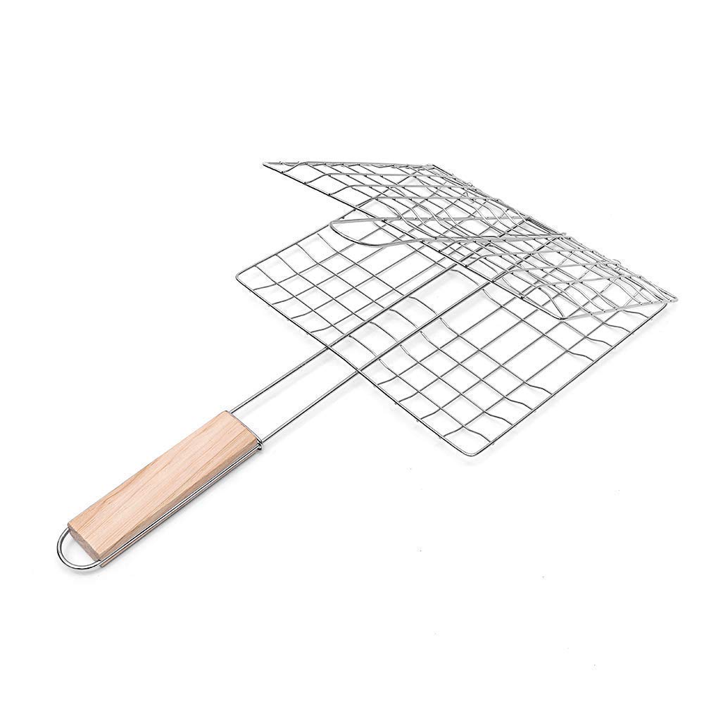 Cesta para asar a la parrilla de doble capa, plegable, portátil, de acero inoxidable, para parrilla de barbacoa, para pescado asado, verduras, filete de camarones con mango de madera desmontable