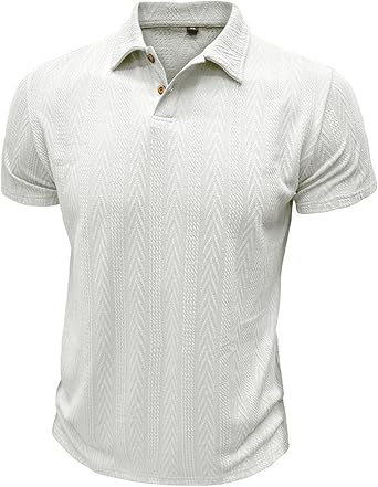 Mens Texture Polo T-Shirt 2 Buttons Stylish Ribbed Golf Tops Lapel Neck Short Sleeve Solid Color Knit Casual Tee