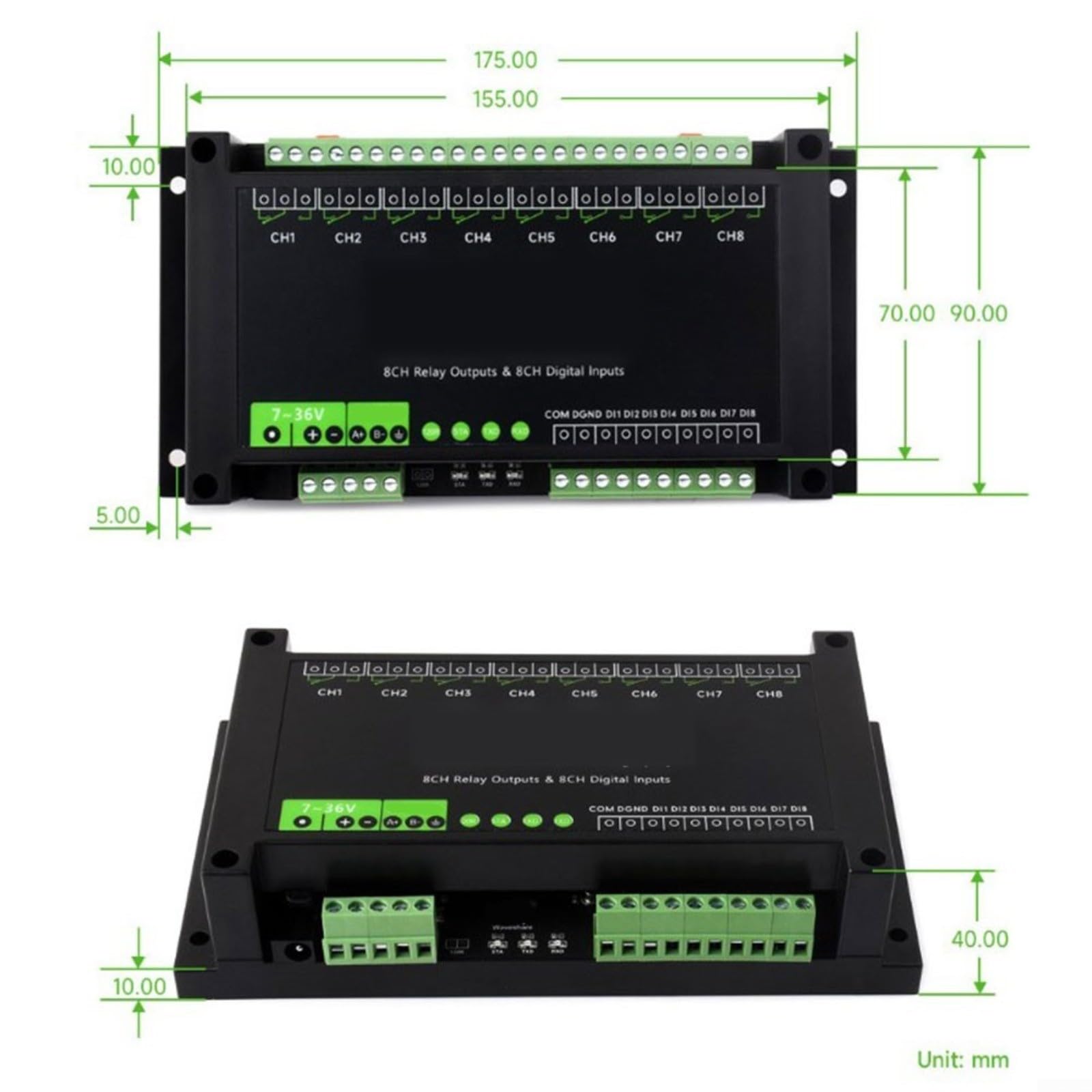 8 canali per relè per modbus per rtu RS485 7-36 V guida a coda | Alloggiamento in ABS, 7-36 V, optoaccoppiatore bidirezionale, algoritmo di decompressione, per industria e per Smart Home
