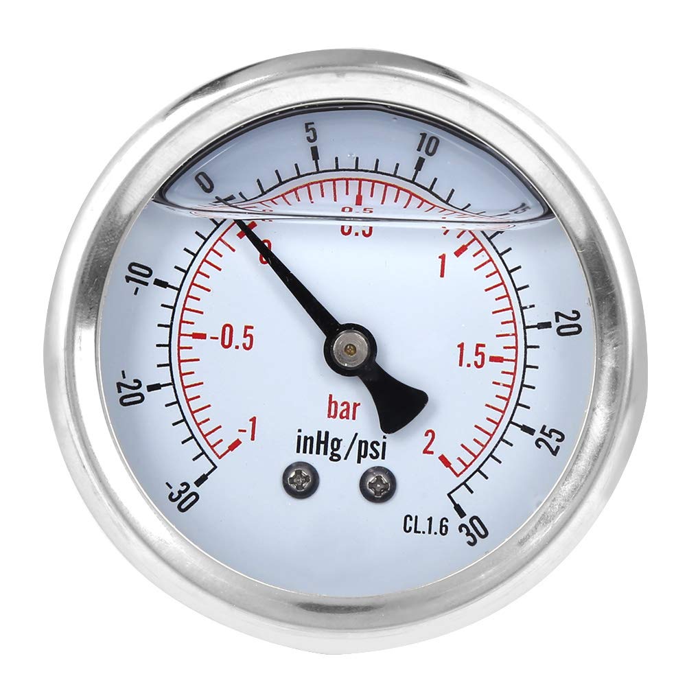 Manometr podciśnienia, konstrukcja osiowa wypełniona olejem, obudowa ze stali nierdzewnej, złącze mosiężne, 1/4 BSP, do systemów HVAC, górnictwa, opieki zdrowotnej i ogrzewania domowego