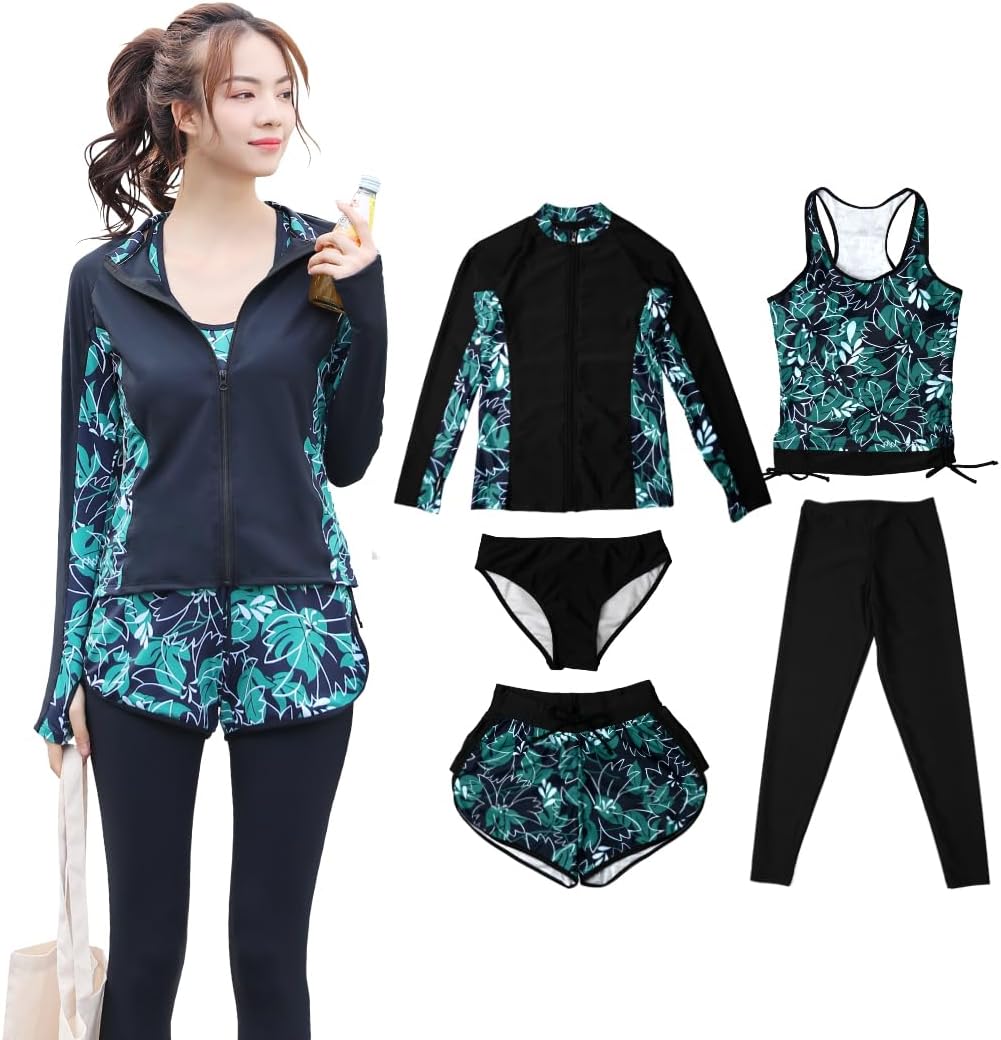 [Teddy] フィットネス 水着 レディース 体型カバー ラッシュガード 5点セット タンクトップ レギンス 長袖ラッシュパーカーUPF50+ UVカット率 98.7% hys2128