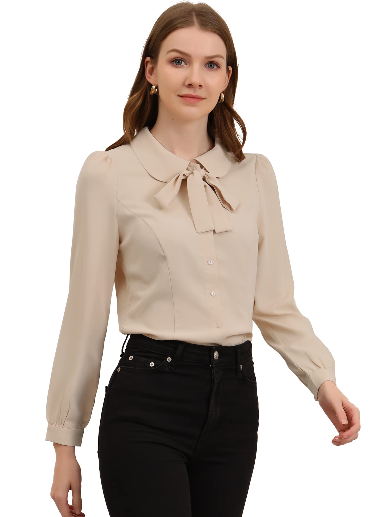 Allegra K Donne Peter Pan Colletto Camicia AutoChiudente Collo Bottone Giù Lavoro Ufficio Top Blusa
