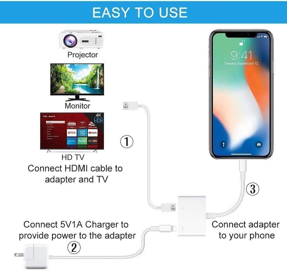 [Apple MFi Certified] Lightning to HDMI for iPhone, Lightning to 1080P Audio Digital AV Adapter, 4K HDMI Vedio Sync Screen Connector with Charging Port for iPhone, iPad, iPod on HDTV/Monitor/Projector