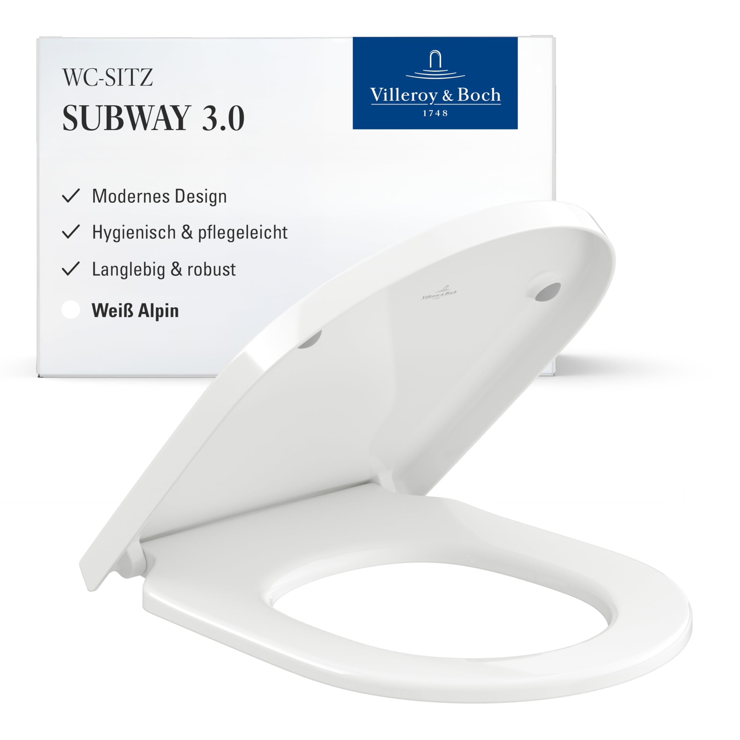 Villeroy & Boch Subway 3.0 WC-Sitz, D-Form – Weiß Alpin, glänzend | Mit Edelstahl-Scharnieren, aus bruchsicherem Duroplast, Original Ersatzteil, 8M426101