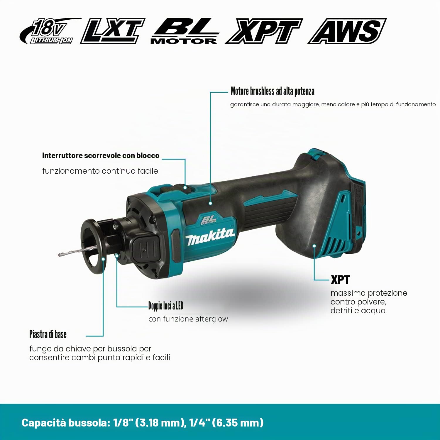 Makita DCO181Z DCO181Z-Fresadora de Corte BL 18V LXT 6.35mm AWS, Nero,(senza batteria, senza caricatore)