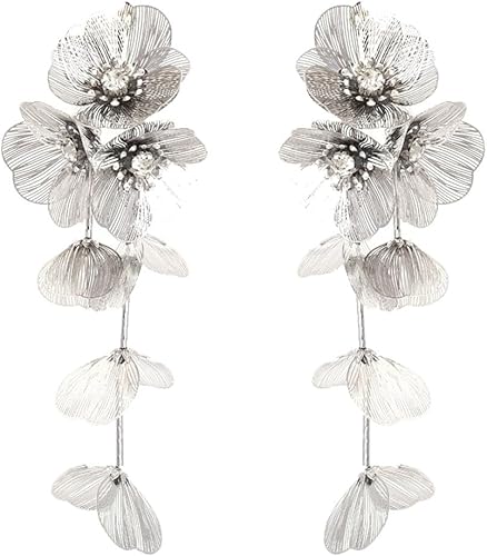 HSQYJ Gold Metal Flower Long Tassel Drop Earrings for Women - Crystal Floral Dan