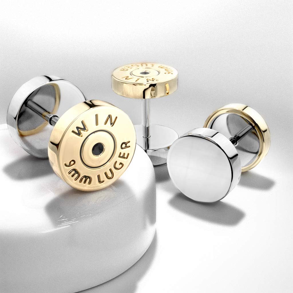 Pierced Owl 16GA Winchester 9mm Luger Bullet Casing 316L Stainless Steel Fake Cheater Plugs, Sold as a Pair