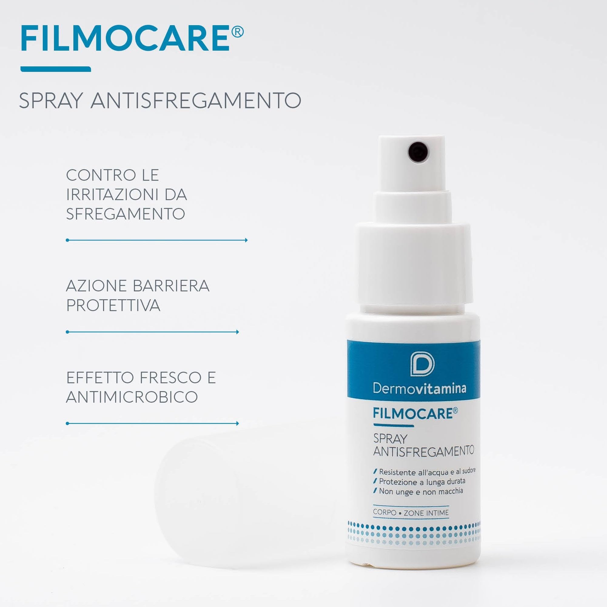 Dermovitamina Filmocare Spray Antisfregamento 30ml - Per Irritazioni da Sfregamento Cosce - Indicato per Sportivi - Lunga Durata - Resiste all' Acqua e al Sudore - Corpo e Zone Intime