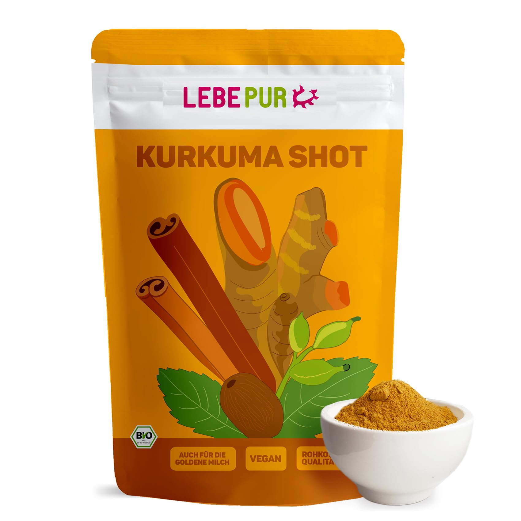 Lebepur BIO Kurkuma Shot 500g | ca. 200 Portionen hochdosiert Curcuma Shot, Ingwer Shot | 100% Bio-Gewürzmischung für Getränke | natürlicher Turmeric Shot I vegan