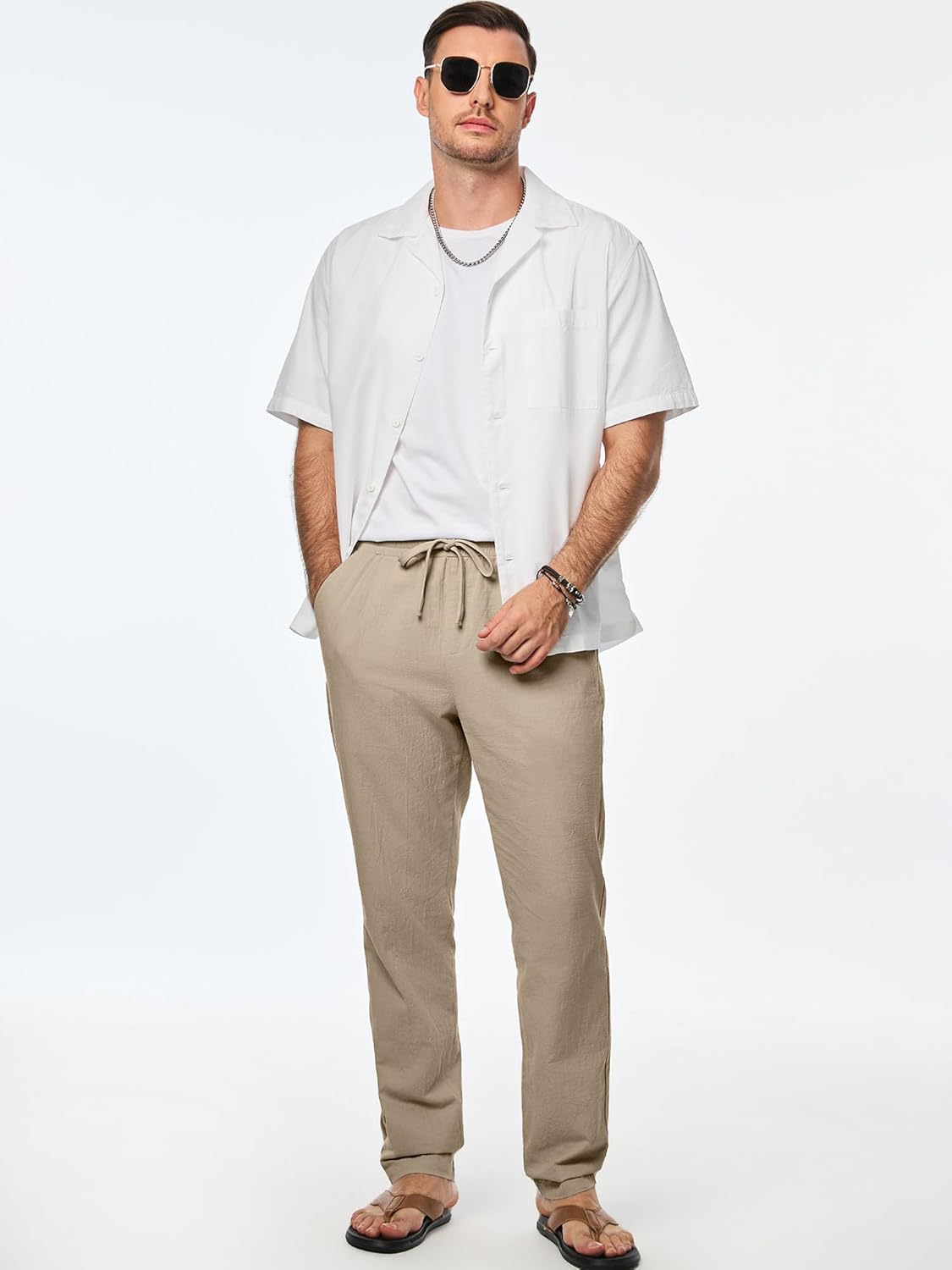 JMIERR Mens Cotton Pants Casual Elastic Waist Drawstring Lightweight Summer Beach Trousers with Pockets Large 4 Khaki image 3 of 6 B0DJKQSDWF