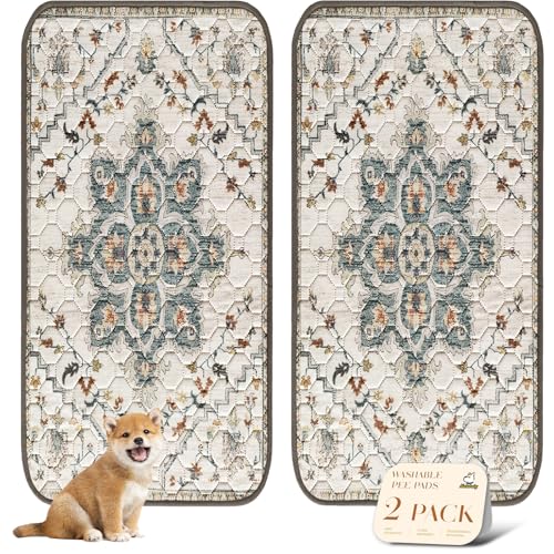Image of nunubaby Washable Pee Pads for Dogs, Stylish, Non-Slip and Leak-Proof Pee Pads. Reusable Potty Pads for Dogs for Crates and Floors.(Beige /Floral, 36 inch x72 inch )