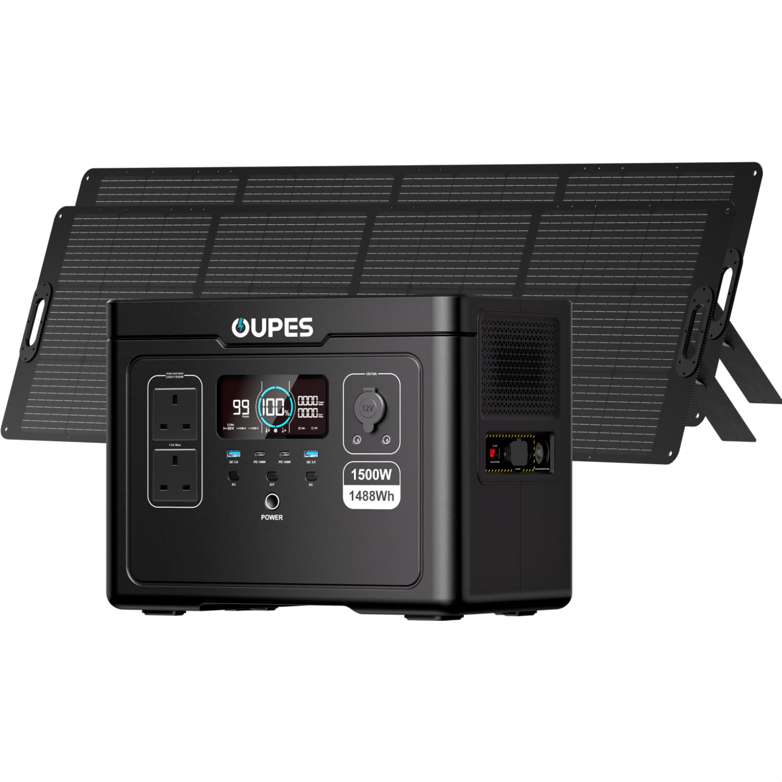 Oupes Black Exodus 1500 Portable Power Station With 2X 240W Solar Panels, 1488Wh Solar Generator With 1500W(3600W Surge) Ac Outlets, Ups, Dual 140W Usb-C Outputs For Home Backup, Camping, Power Outages