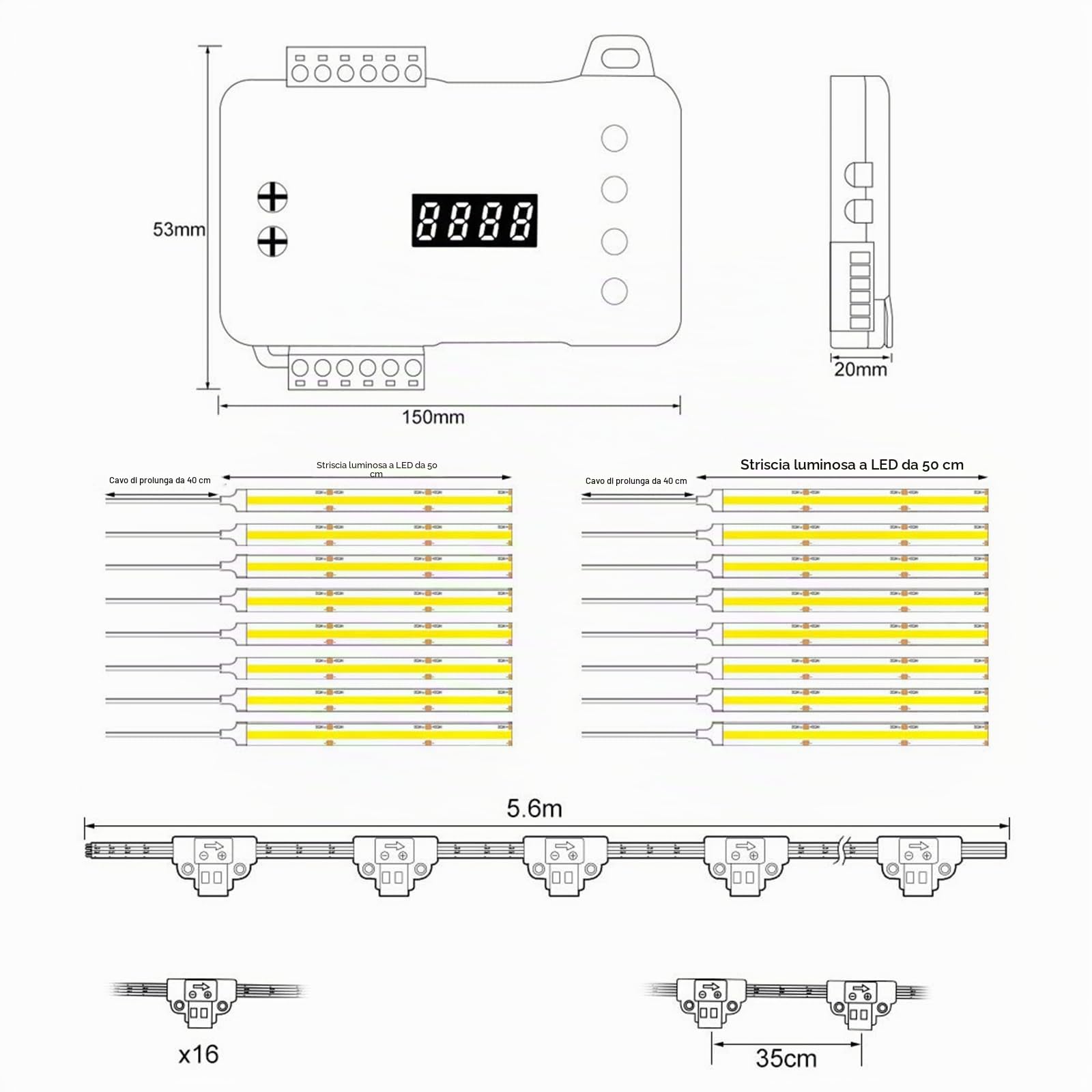 Illuminazione a LED per gradini, 12 V/24 V, 16 passi, RL-STEP-05, controllo dinamico dell'illuminazione delle scale, set completo con alimentatore di rete da 100 W e striscia luminosa COB