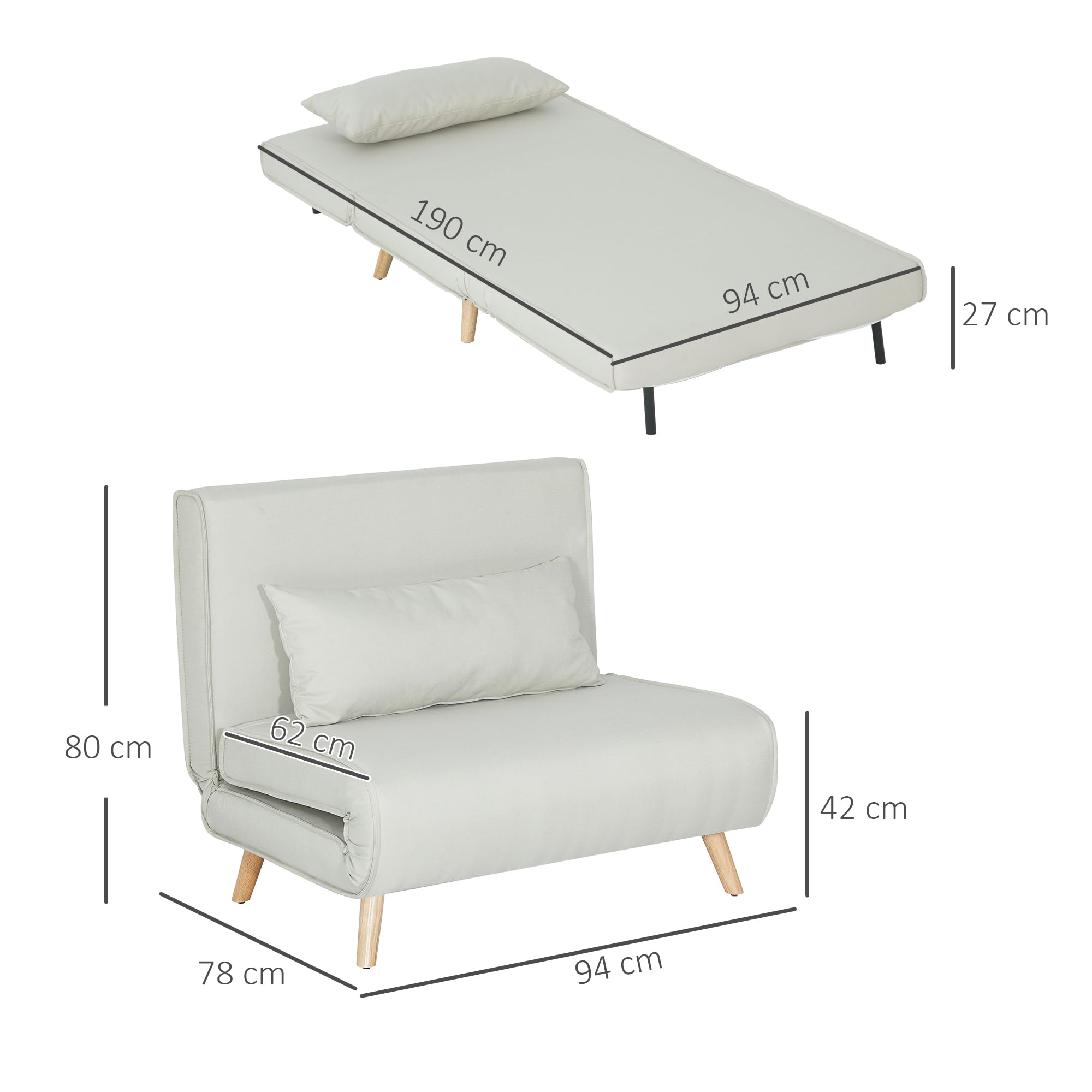 HOMCOM Sofá Cama Individual 3 en 1 94x78x80 cm Sillón Cama con Respaldo Ajustable en 6 Posiciones Almohada Acolchada Carga 350 kg para Oficina Dormitorio Salón Beige