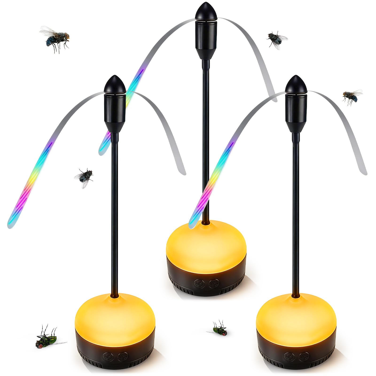 Fly Fans for Tables with LED Light, Battery Powered Fly Repellent Fan with Soft Holographic Blades, Quiet Table Fly Fan with Hook for Indoor & Outdoor Dining 3 Pack