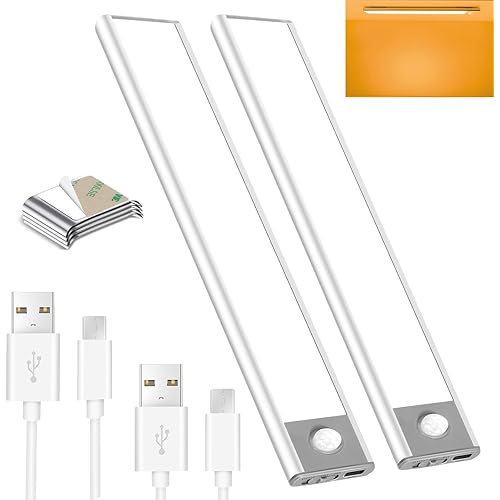 11in Under Cabinet Lights,60LED Motion Sensor Light Indoor Wireless,Magnetic 2500mAh Rechargeable Battery Under Counter Lights,Type C USB Closet Lighting for Kitchen,Wardrobe, Bedroom,Warm Light-2pack