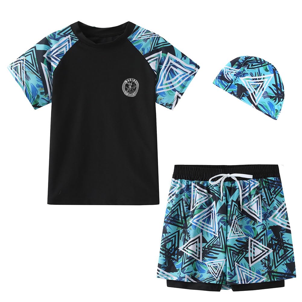 Fedmois Boys Green Swim Set, 3 Pieces Set Swim Shirt + Swimming Shorts With Compression Liner + Swimming Cap, 6 Years (3Xl)