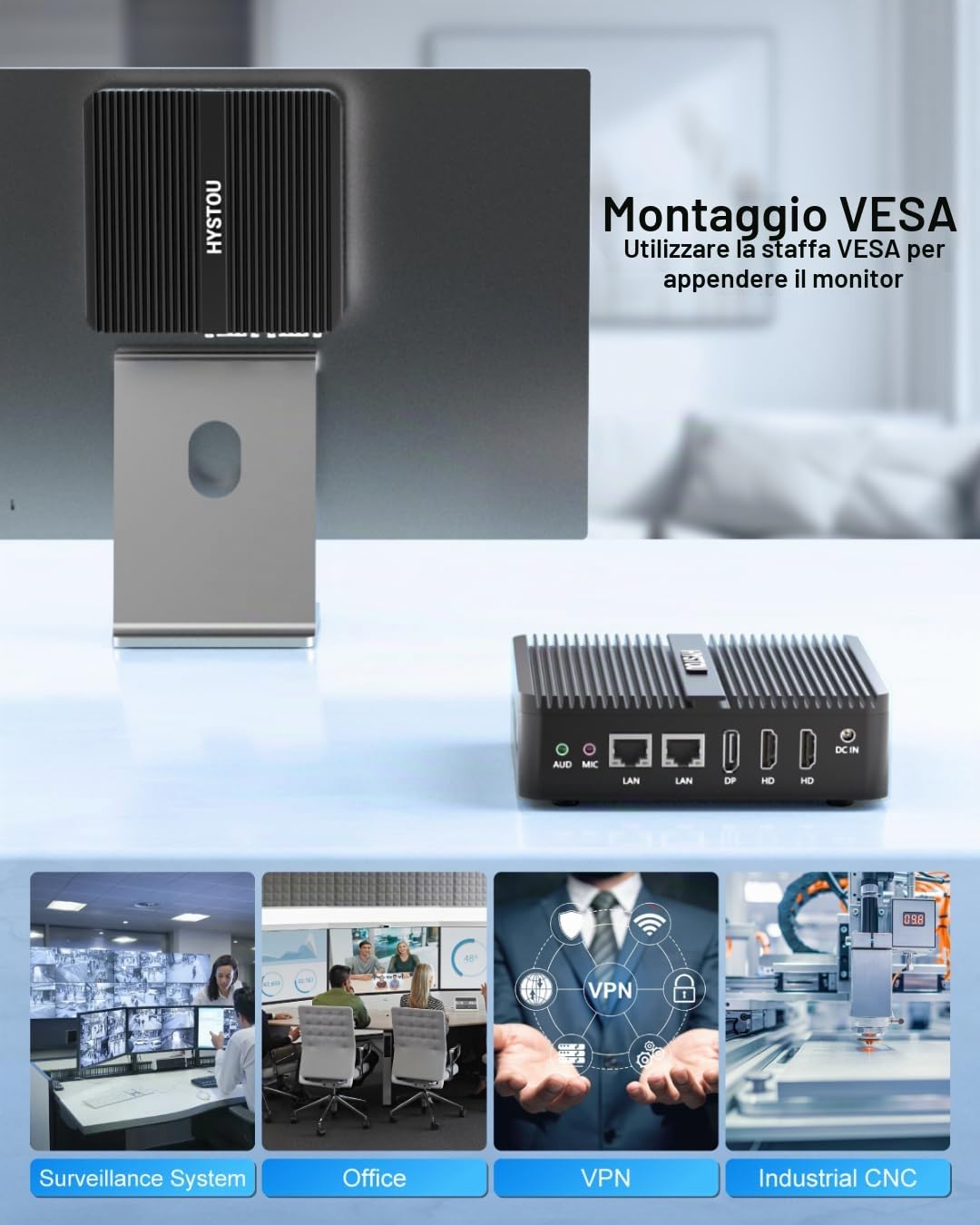 HYSTOU N95 Mini PC 8GB Ram 128GB SSD Fanless Industriale Mini PC Windows 11 Pro per Industrial