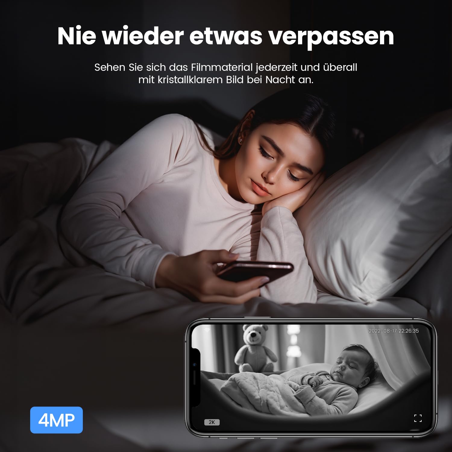 VEEZOOM 4MP WLAN Kamera Indoor, 360° PTZ Kamera Überwachung Innen, 2.4G WiFi Baby/Haustier Innenkamera, HD-Nachtsicht, KI Personenerkennung, One-Touch-Anruf, Automatische Verfolgung, 504D