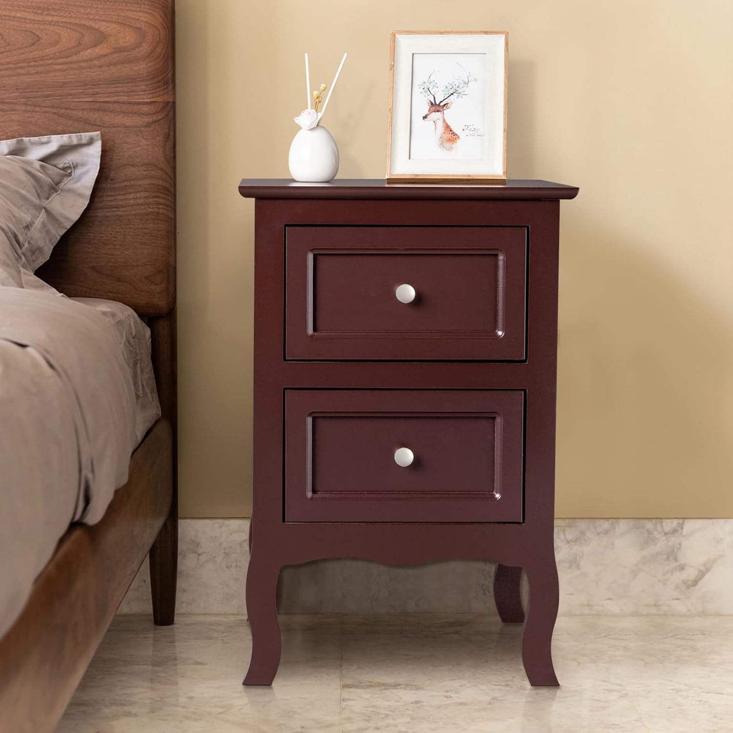 LIKOVSCI (GET 2 Nightstands) Nightstand Set of 2, End Table, Side Table with 2 Decorated Drawers, Wood Accent Table with Storage for Bedroom Large Size Brown