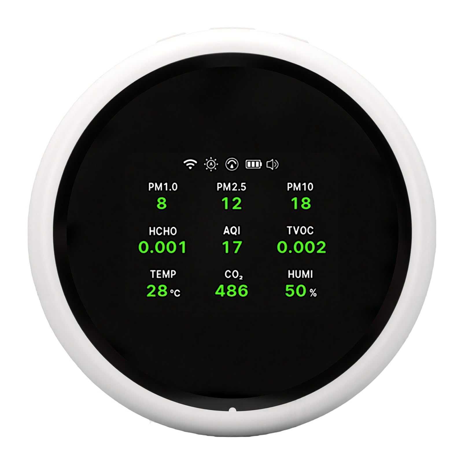 Zunate Moniteur Intelligent de qualité de l'air Intérieur CO2 PM2,5 PM10 TVOC HCHO avec Affichage de la Température et de l'humidité, Testeur de qualité de 'air Rond Blanc pour le Bureau à Domicile