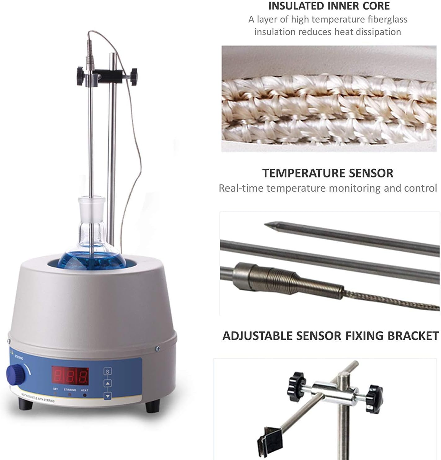 2000ml Lab Heating Mantle, 300℃ Thermostatic Magnetic Stirrer, with Temperature Probe, Digital Display, 0-1400rpm Speed, Scientific Experiment Equipment