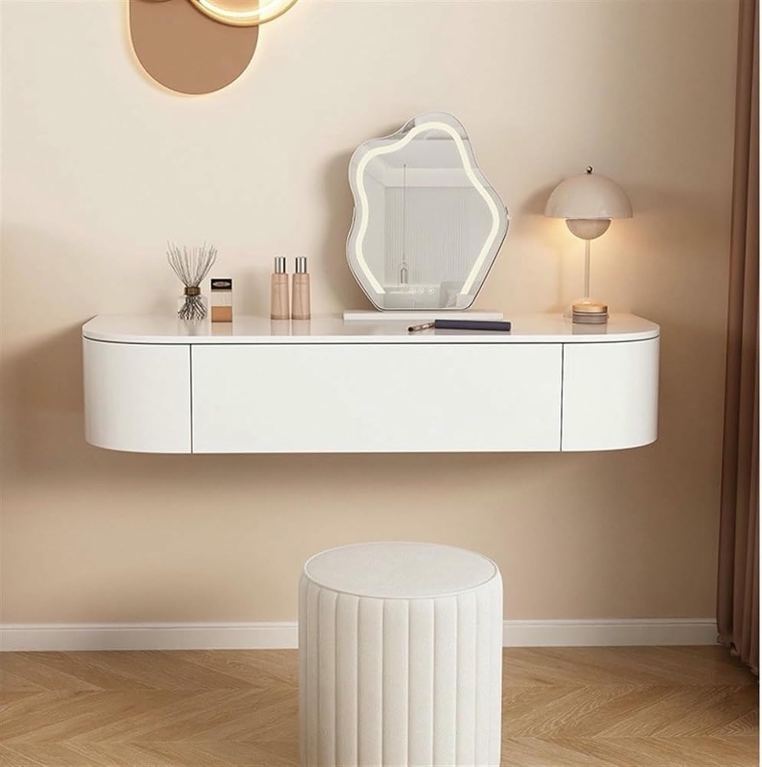 Modern Floating Vanity Makeup Table with Drawers, Suspended Corner Desk, White Storage Nightstand for Bedroom, Stylish Wall-Mounted Vanity Desk
