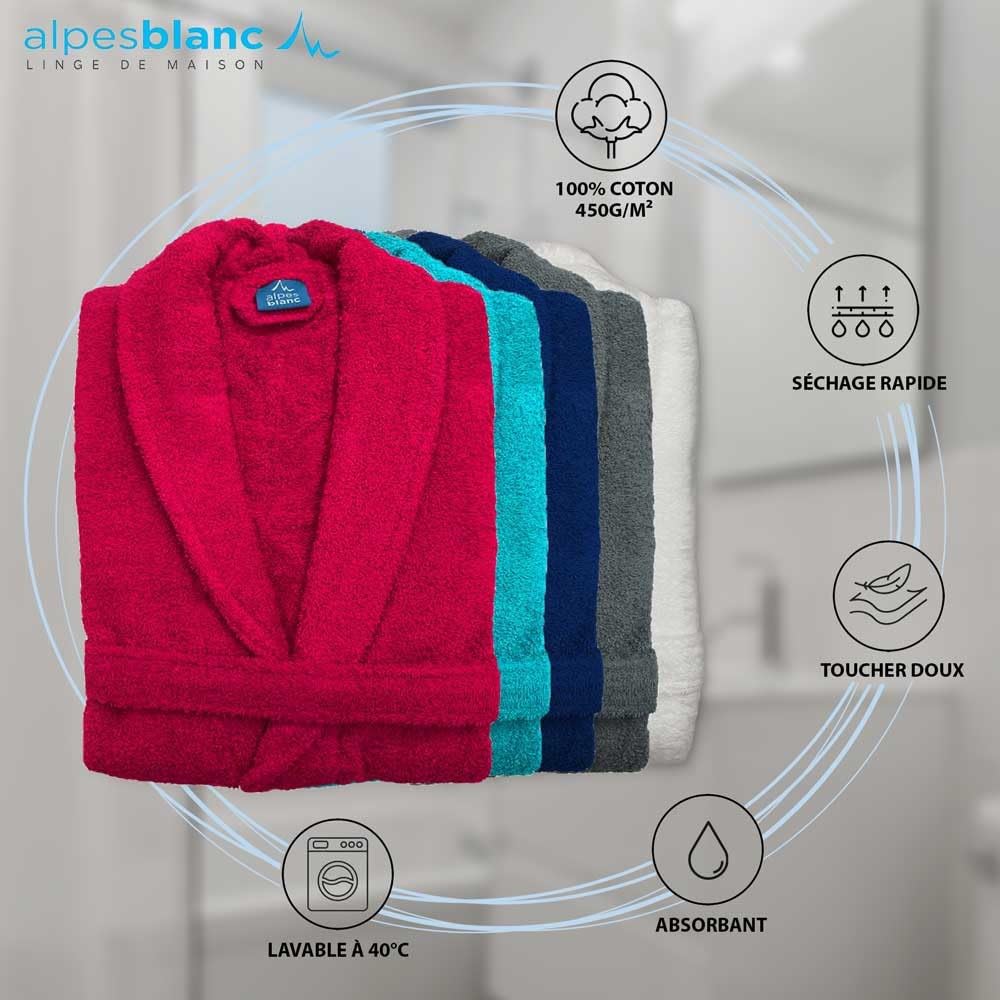 Alpes Blanc Peignoir de bain à col Châle – Mixte – 100% coton 450 g/m² – Doux et absorbant – Style classique et intemporel – Séchage rapide