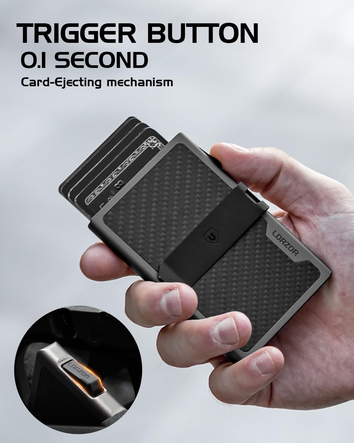 LORZOR Carbon Fiber Wallet for Men, 0.3IN Ultra-slim Minimalist Card Holder with Money Clip, Trigger Button for Quick Card Access, Ultra-light Aerospace Aluminum, RFID-Blocking, Gift Box
