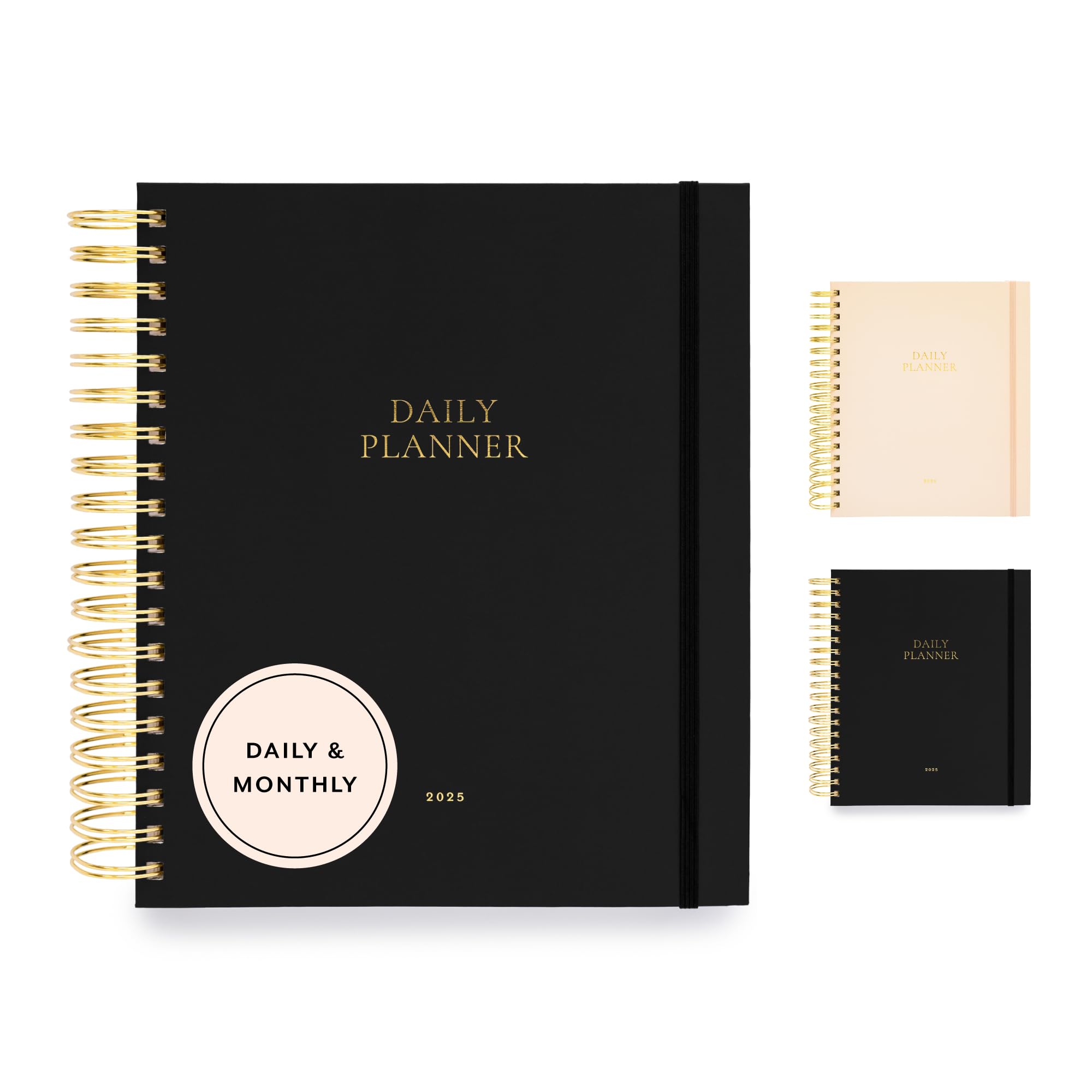 Sugar Paper2025 Daily Spiral Planner, January to December, 7.75" x 9.75", Hourly Format Calendar for Women, Matte Paper Cover, Spiral Bound, Pocket for Storage, 12 Month, Black