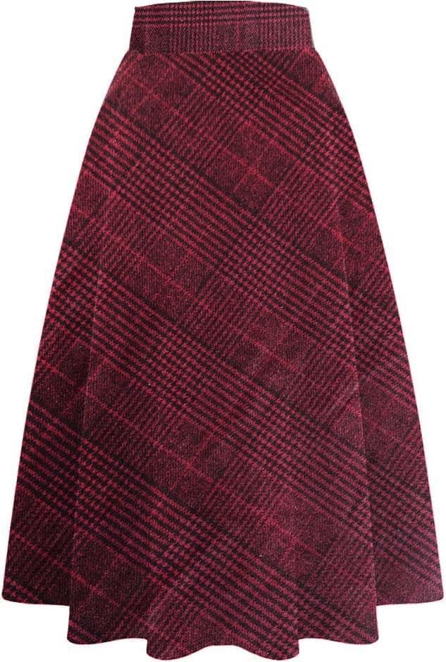 Women's Long Plaid Wool Skirt Fall Winter High Waist A-line Pleated Wool Tartan Skirts