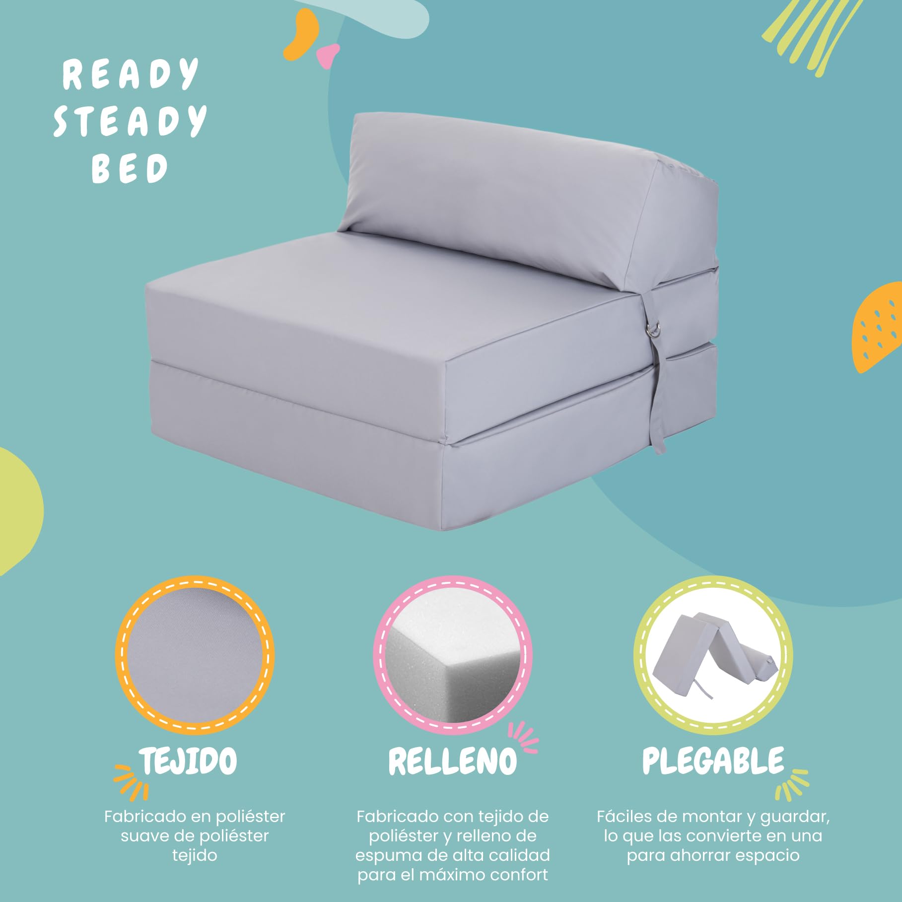 Ready Steady Bed Cómoda Silla Plegable en Z | Sofá Cama Futón Ligero | Cubierta Suave y Resistente al Agua | Colchón Individual de diseño ergonómico Zbed (Silver)