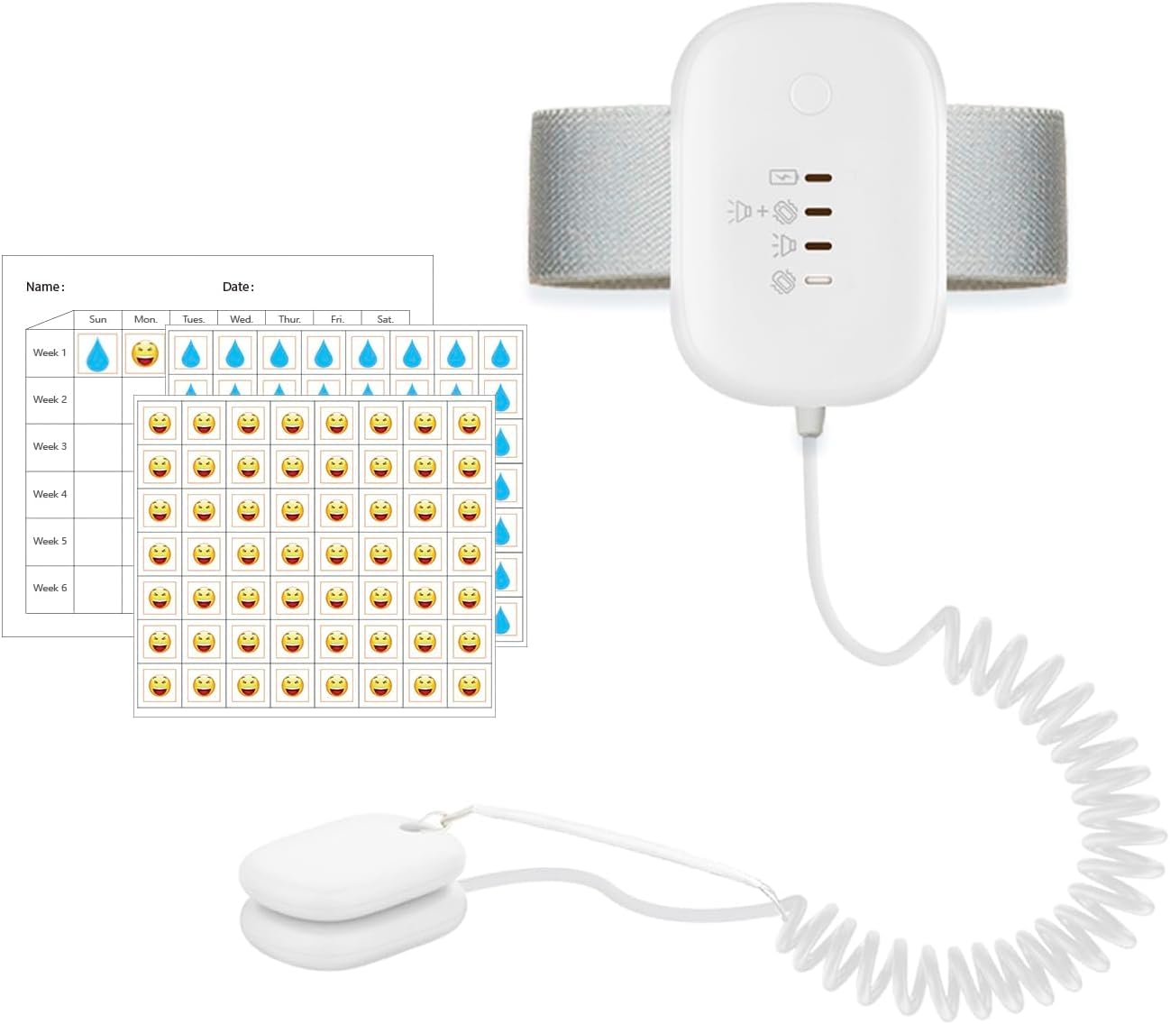 Bettnässer Alarm für Jungen und Mädchen, USB wiederaufladbar, Töpfchenalarm mit Geräuschen und Vibration, Bettnässensensor für Kinder,White