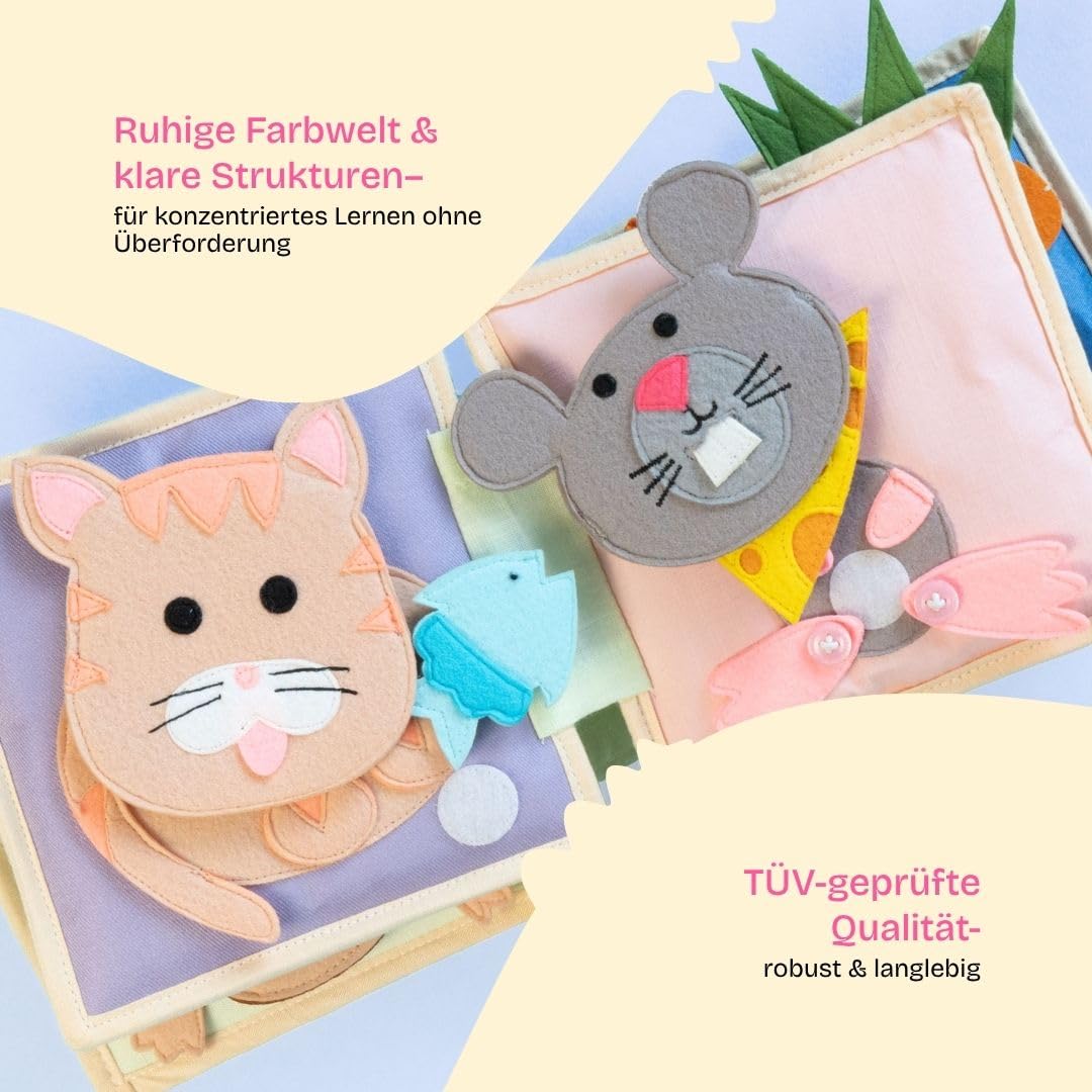 Jolly Designs – Tierfreunde - 6 Seiten Mini Quiet Book – Montessori Spielzeug ab 4 Monaten – Motorik & Sensorik fördern – Handgefertigtes Filzbuch – Lernspielzeug für Kleinkinder – Busy Book