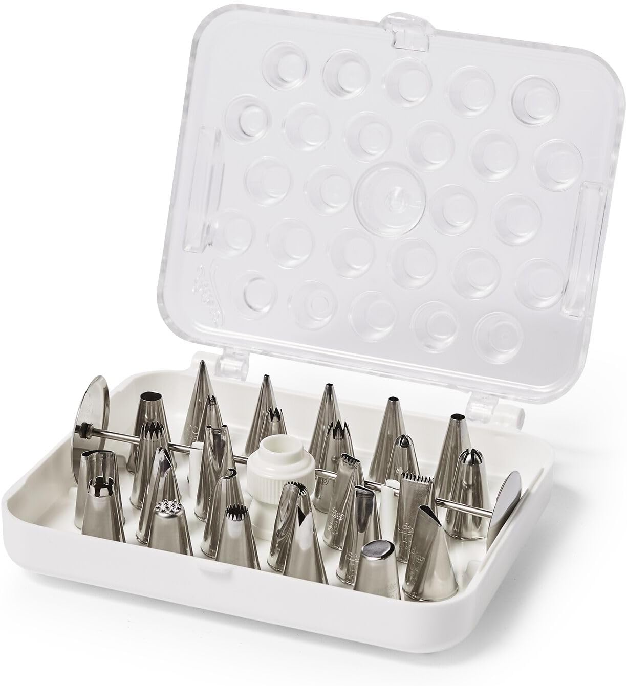 782 - 29 Piece Cake Decorating Set, Includes 26 Stainless Steel Tubes, 1 Standard Coupler, 2 Flower Nails in Hinged Storage Box