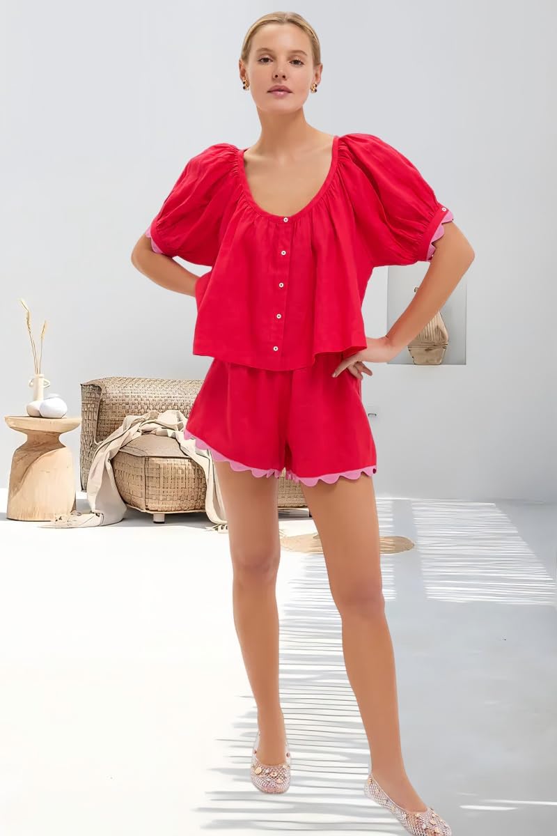 VAOYIU Women's Casual Elegance Two-Piece Linen Outfit Set with Scalloped Hem Summer Round Neck Puff Short Sleeve Top (Red-M) - Image 6