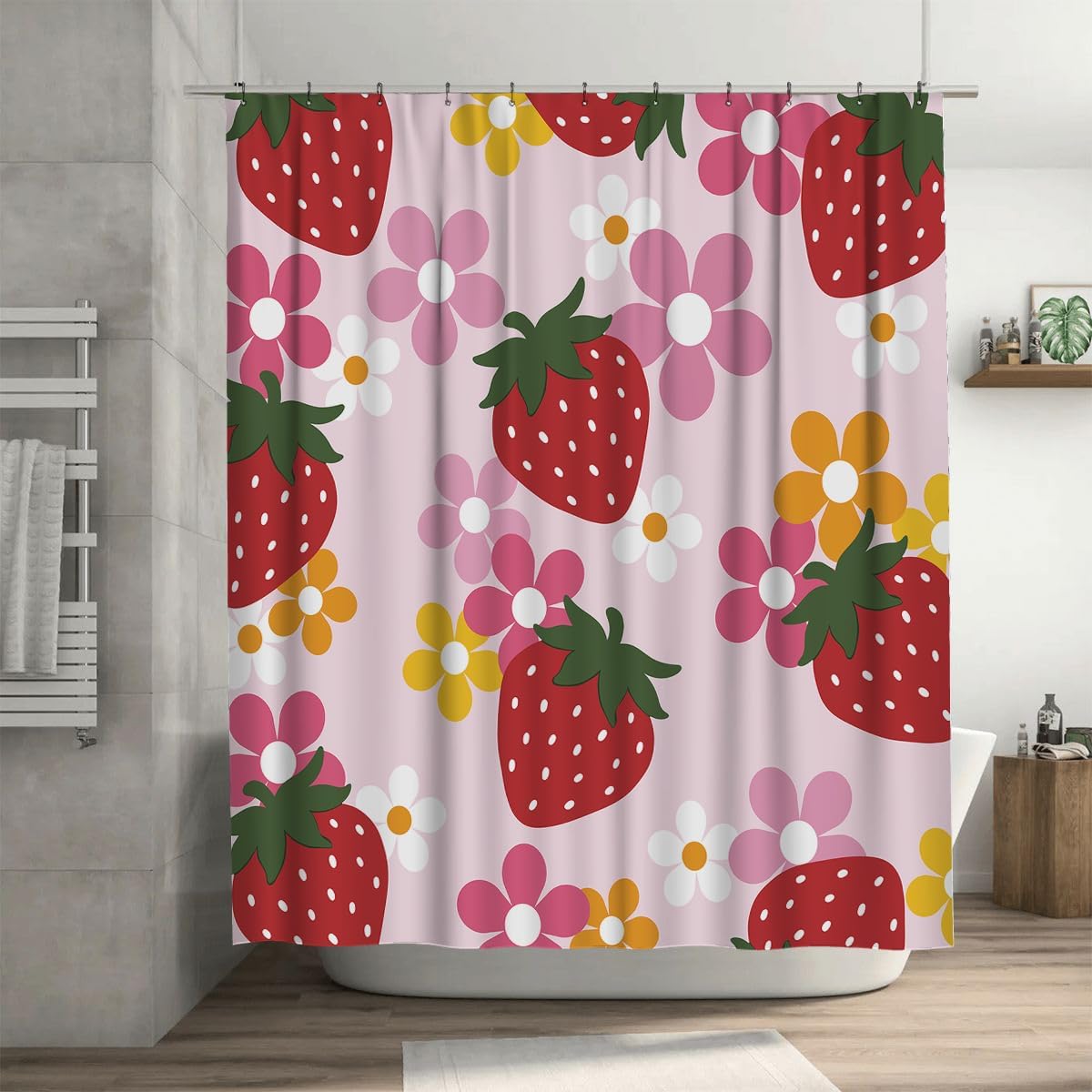 4Pcs Shower Curtain Sets, Pink Cute Strawberry and Flowers Bathroom Decor Set with Rugs and Accessories, Bathroom Decor Sets, 72 x 72 Inches