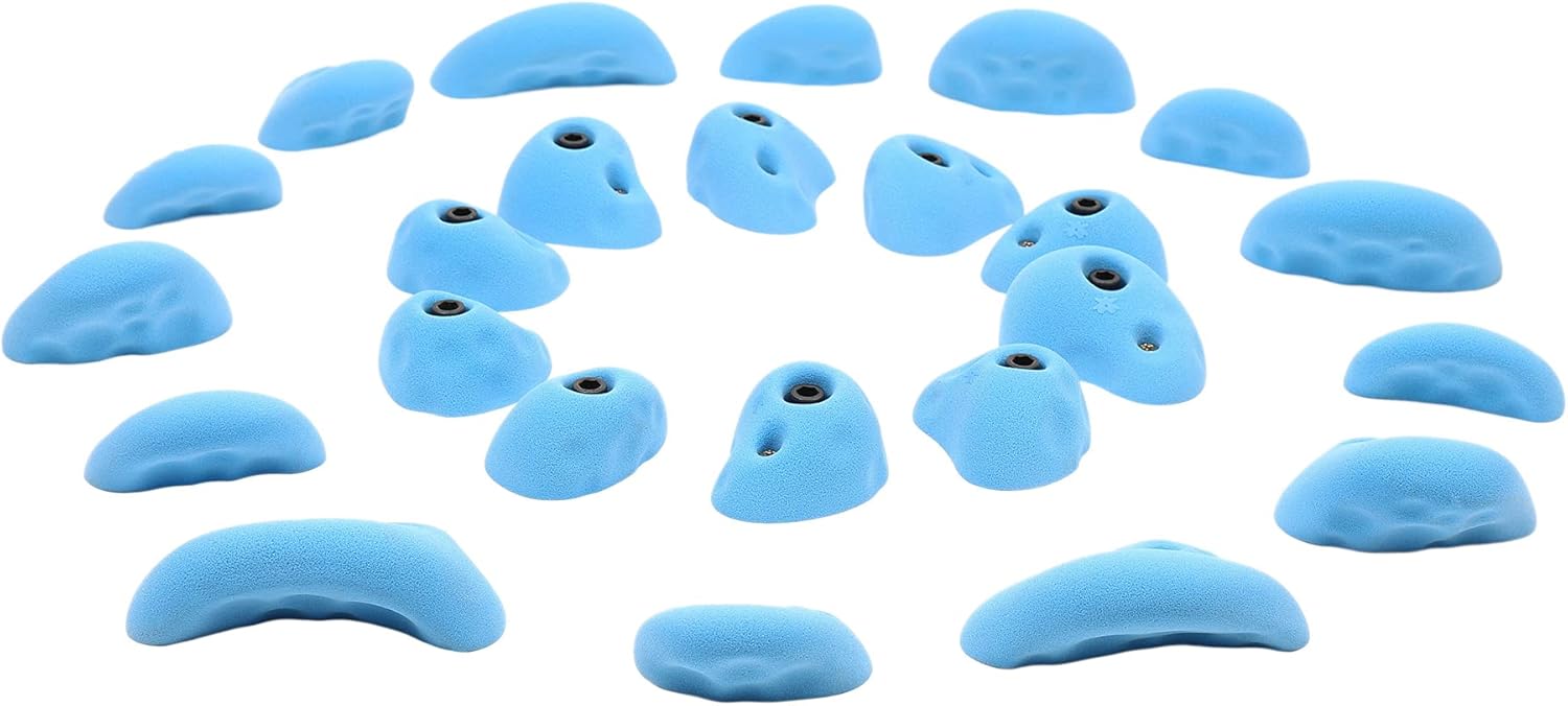 Atomik Rock Climbing Holds Set of 24 Golfus Style Climbing Holds in Blue with Outdoor Hardware