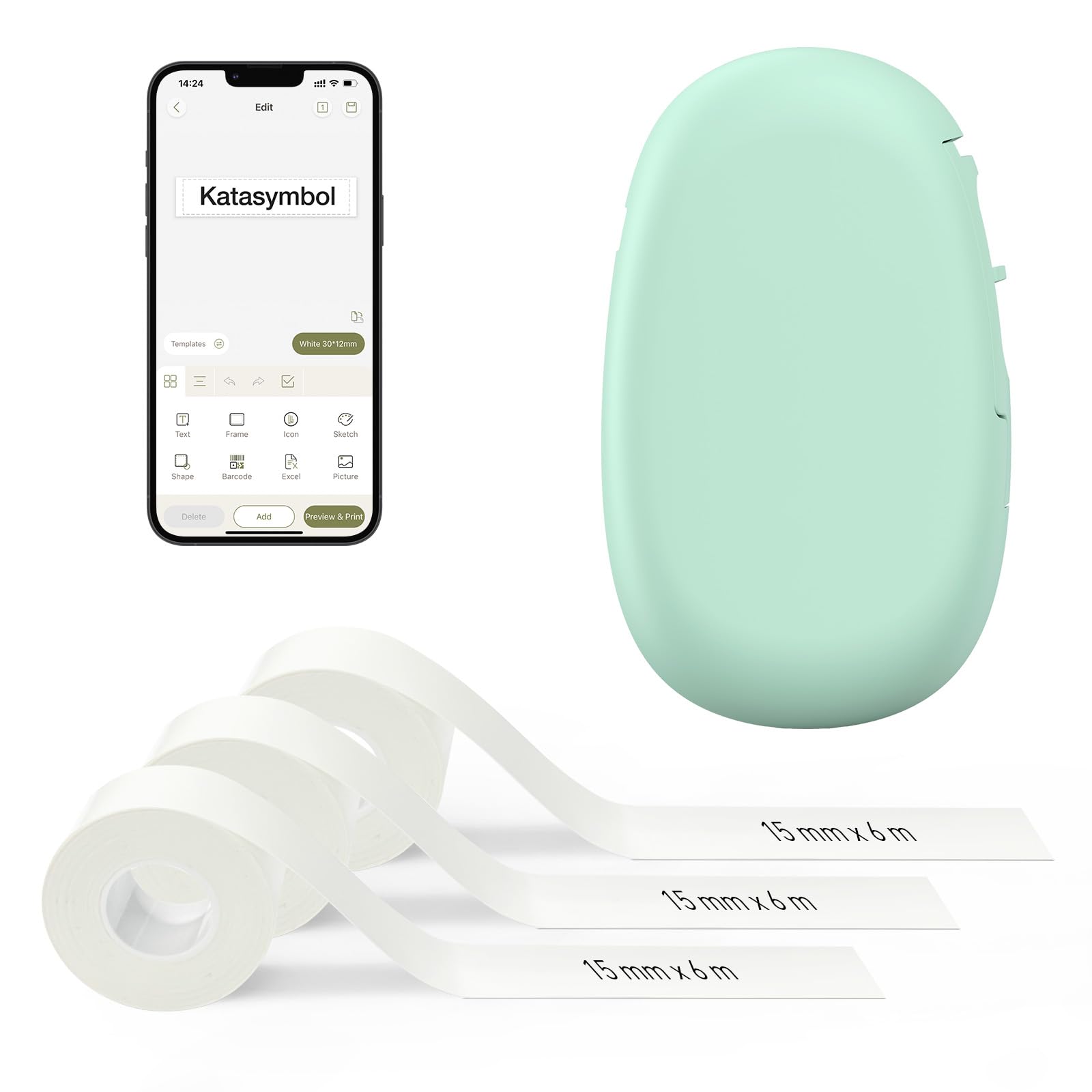 SUPVAN E10 Bluetooth Label Maker Machine with 3 Continuous Waterproof Label, Portable Inkless Label Printer, App with 35 Fonts and 1000+ Icons, Sticker Printer for Home Office School, Green