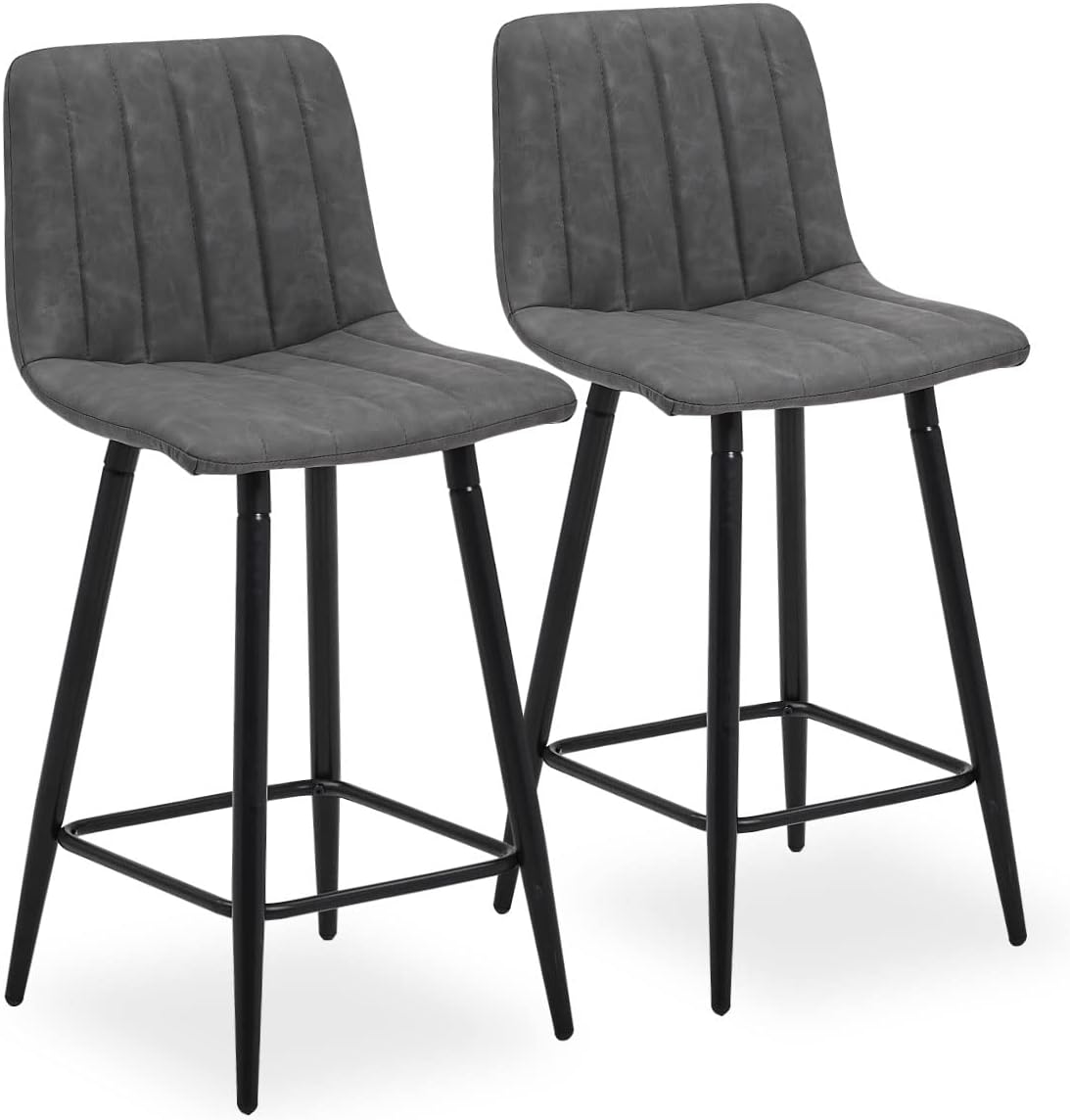 CLIPOP Bar Stools Set of 2 Grey Faux Leather Upholstered Breakfast Bar Chairs with Soft Backrest