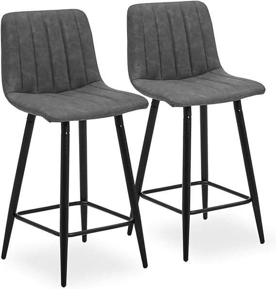 CLIPOP Bar Stools Set of 2 Grey Faux Leather Upholstered Breakfast Bar