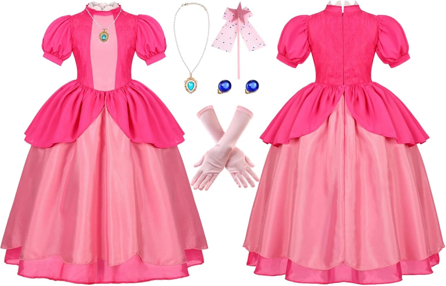 Girls Pink Princess Costume for Kids Royal Fairytale Dress Set with Gloves Jewelry Halloween Birthday Party